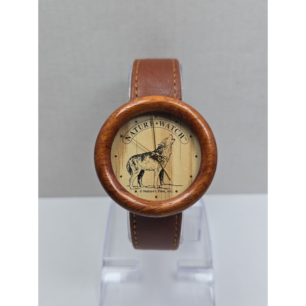 Vintage Nature's Time Howling Wolf Wood Case 41mm Watch Leather New Battery
